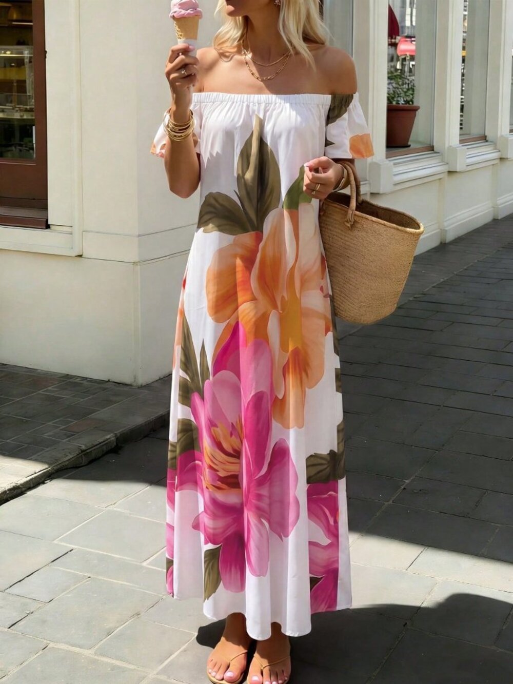 Multicolor Boho Women's Vacation Casual Floral Print Off-Shoulder Long Dress - Picture 4 of 5